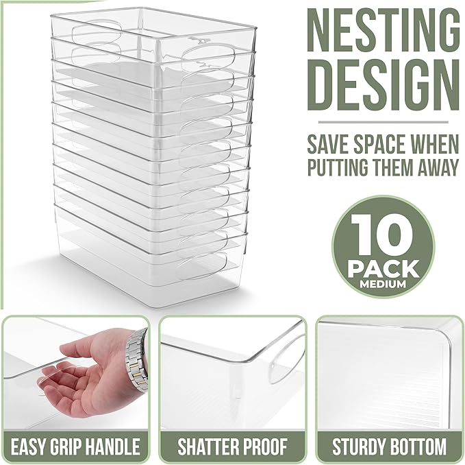 Sorbus 10-Pack Medium Clear Plastic Organizing Bins – Clear Bins for Organizing, Refrigerator Organizers, Fridge Organizer, Pantry Storage, Kitchen Organizer, and Pantry Organizers and Storage Bins