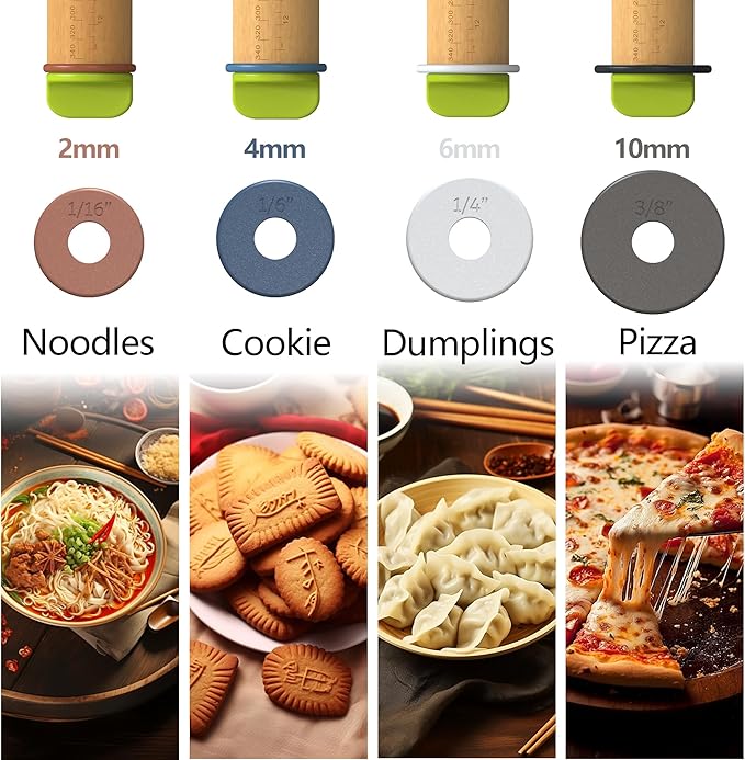 Rolling Pin with Adjustable Thickness Ring, Dough Thickness for Baking, Fondant, Pizza, Crust, Cookies, Pastry, 13.6'' Wooden Rolling Pin with 4 Multi-Color Thickness Rings