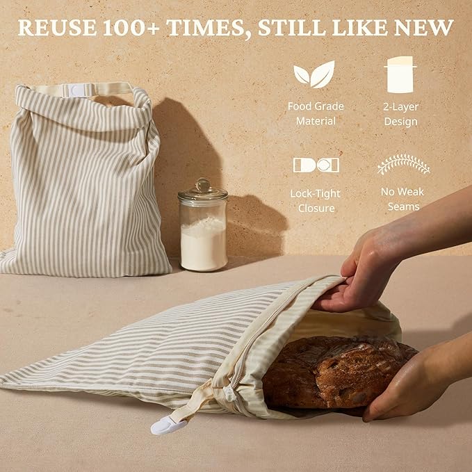 BRONYPRO Beeswax Bread Bags for Homemade Bread Sourdough, 2 Pack Reusable Sourdough Bread Bags with Zipper, Organic Beeswax & Linen Bread Storage, Eco-friendly & Long-latsing,Large 17x12.6in,Beige