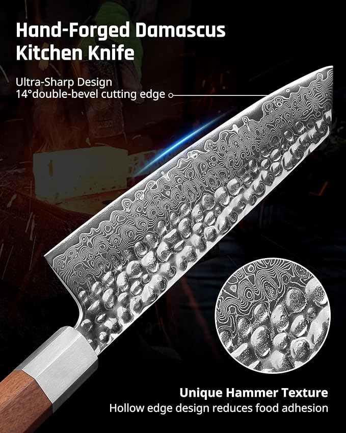 YOTSUBA 3PCS Japanese Damascus kitchen knife set – Ultra Sharp Hand-Forged High Carbon Steel Blades with Genuine Natural Hardwood Handles, Professional Kitchen Knives for Chopping Meat & Vegetables