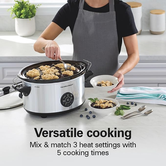 Hamilton Beach 7 Quart Stay or Go Portable Programmable Slow Cooker | 15 Cooking Options | Clip-Tight Glass Lid For Easy Travel | Dishwasher Safe Stoneware Crock | Silver