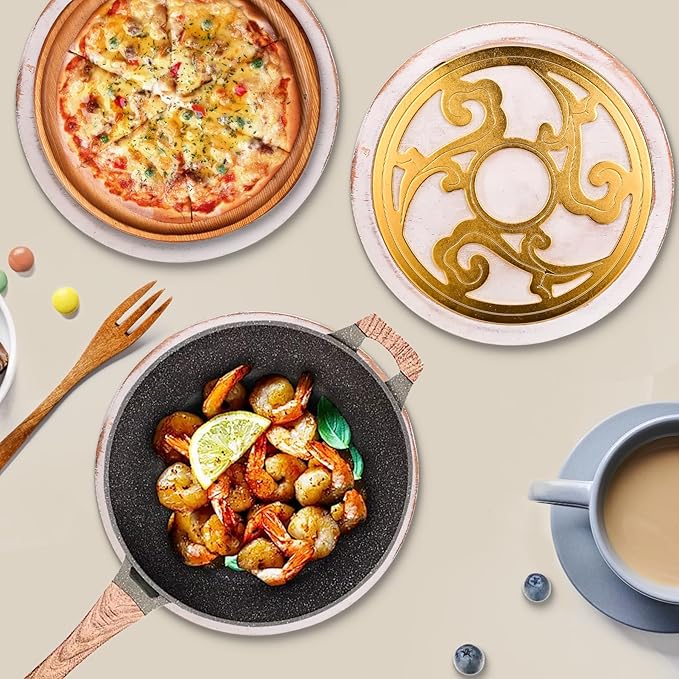 Trivets for Hot Dishes - Set of 4 with Holder | White Washed Wood & Gold Trivet Set | Boho Kitchen Trivet for Hot Pans, Perfect Housewarming Gift