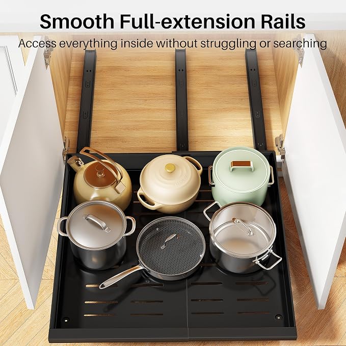 Pull out Cabinet Organizer, 4-Pack Expandable(13.6"-24") Silde out Drawers with Raising Pad for Framed Cabinets, Adjustable Full-Extension Roll out Shelves for Kitchen Pantry Home Pot and Pan(Black)