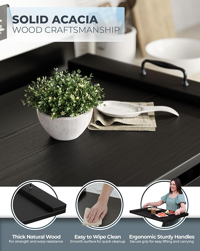 BLUEWEST Gas Stove Burner Covers, Wooden Noodle Board Stove Cover, Wooden Electric Stove Top Cover for Counter Space with Handle, Extra Thick Natural Acacia Wood Durable Serving Tray (Black)