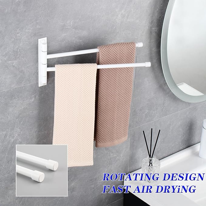 GERZWY Bathroom 2-Arm Swing Arm Towel Bars Wall Mount Stainless Steel Bath Towel Rack Hanger, White