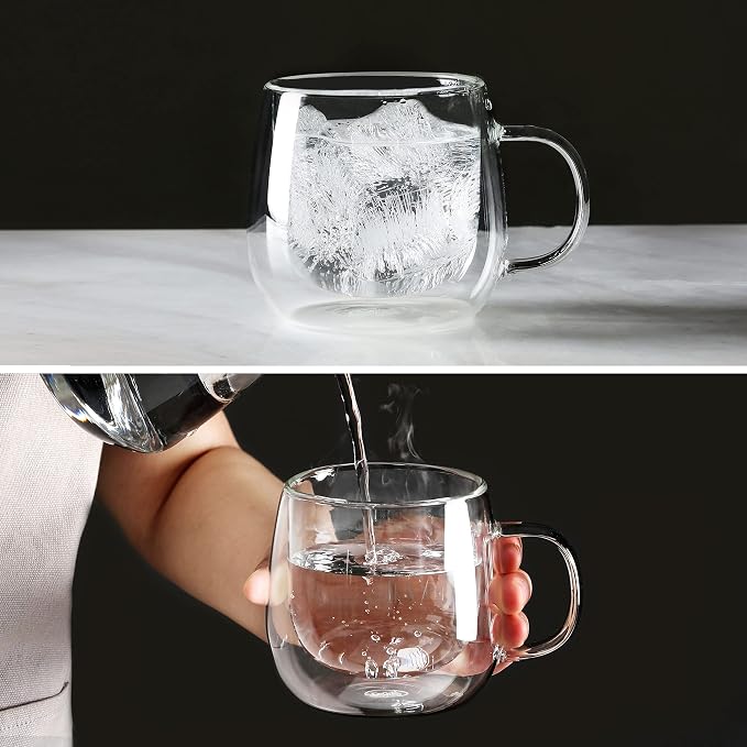 CNGLASS 16oz Double Walled Glass Coffee Mugs(4-pack),Large Clear Coffee Cups with Handle,Glass Espresso Mugs for Latte,Cappuccino,Tea