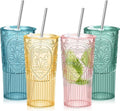 4 Set 20oz Vintage Plastic Tumbler with Lids and Straws Ribbed Floral Drinking Glasses Reusable Iced Coffee Cups for Water Juice Smoothie Cocktail Travel Party Events Gift (Mixed Color)