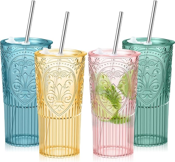4 Set 20oz Vintage Plastic Tumbler with Lids and Straws Ribbed Floral Drinking Glasses Reusable Iced Coffee Cups for Water Juice Smoothie Cocktail Travel Party Events Gift (Mixed Color)