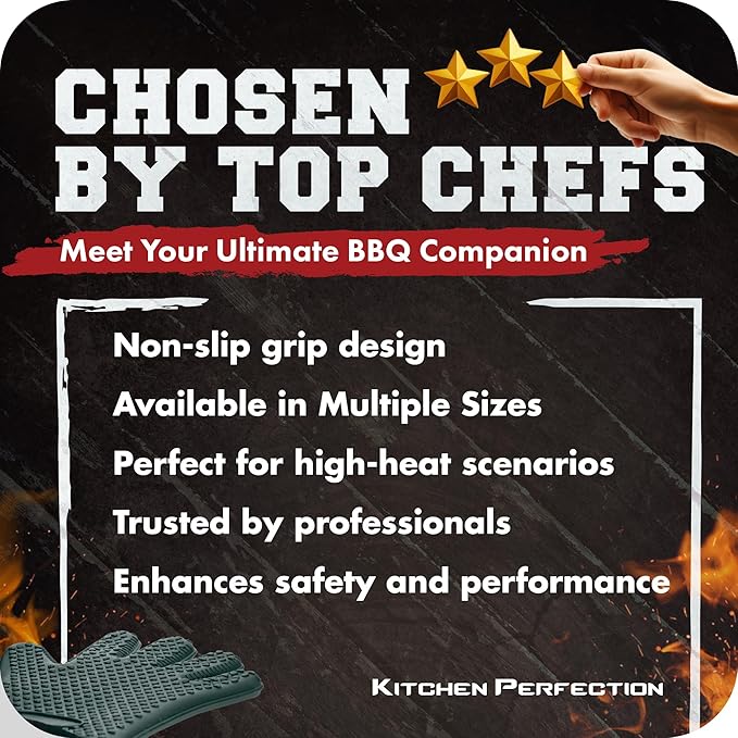 KITCHEN PERFECTION Silicone Smoker Oven Gloves - Extreme Heat Resistant BBQ Gloves - Handle Hot Food Right on Your Grill Fryer Pit | Waterproof Oven Mitts | Superior Value Set + 3 Bonuses