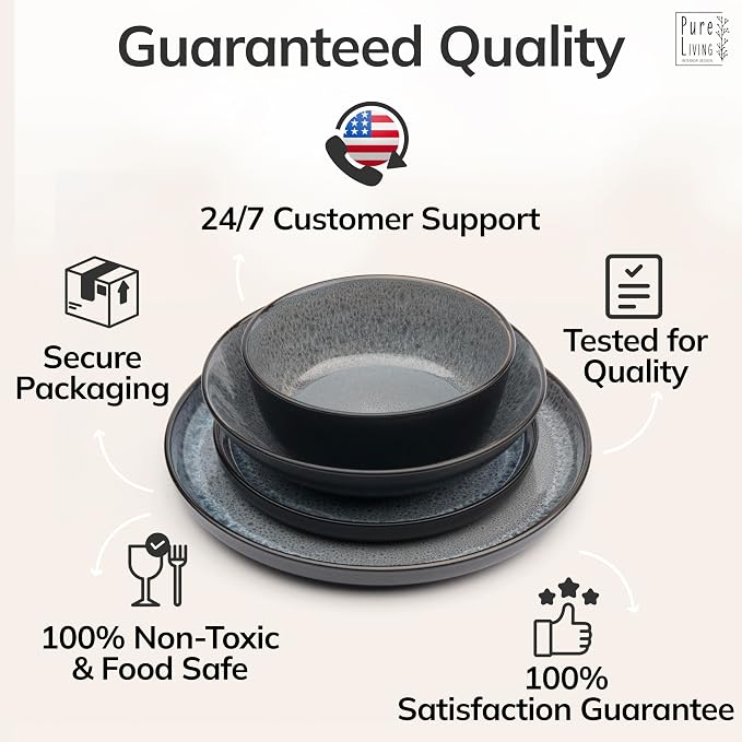 32 Piece Stoneware Dinnerware Set for 8 - Handmade Reactive Glaze Plates and Bowls Set - Chip & Scratch Resistant Dish Set - Dishwasher Microwave Safe - Dark Gray