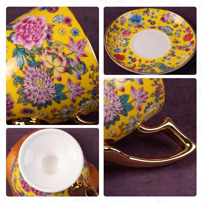 KAMMAK Tea Cups and Saucers Set of 2, Porcelain Coffee Cups, 7oz Stackable Espresso Mugs, Ceramic Demitasse for Coffee, Latte, Americano, Tea (622N)