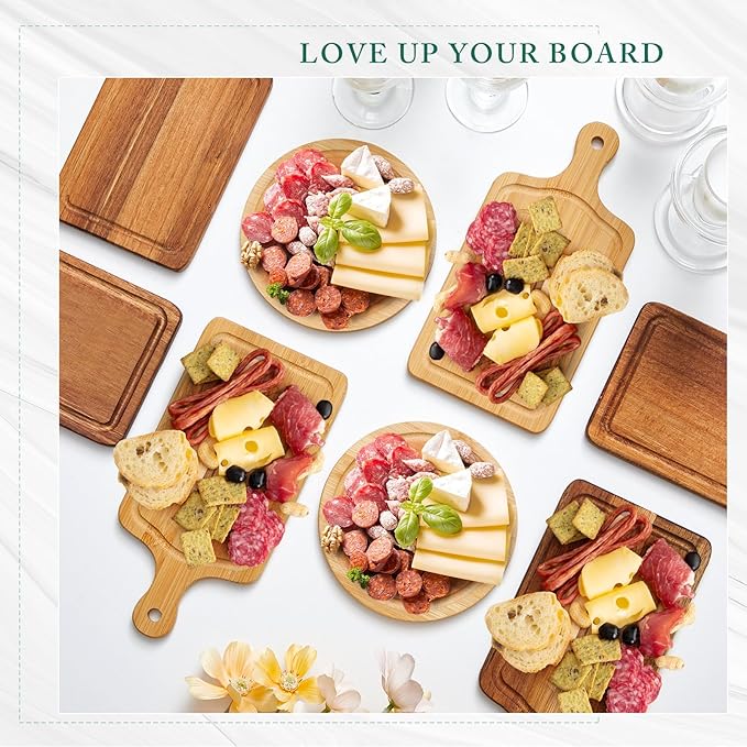Ziliny 50 Set Bridal Baby Shower Cheese Prizes Wooden Square Board Gift Set Knives Forks Thank You Tags with Box for Guests for Valentines Bridal Baby Shower Housewarming Gifts (Bamboo Color)