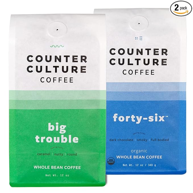 Counter Culture Whole Bean Coffee 2-Pack (Big Trouble - Medium Dark Roast & Forty Six - Organic Dark Roast) Sustainably Sourced, B Corp - Whole Coffee Beans - Kosher, Gluten Free, Nut Free - 12oz Bags