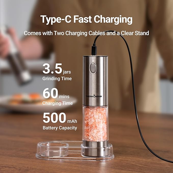 ThermoMaven Electric Salt and Pepper Grinder Set, 110ml Larger Rechargeable Automatic Salt and Pepper Mill Grinder with 6 Adjustable Coarseness, Electric Salt and Pepper Shakers, LED, Gun Grey