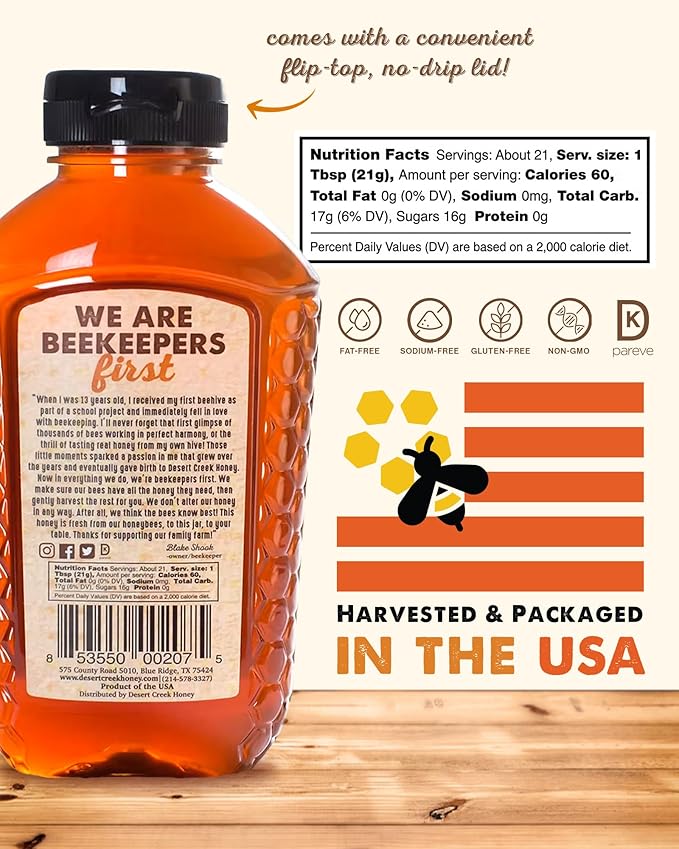 Desert Creek Honey - 100% Unfiltered, Pure, Raw Honey from Texas - Natural Sugar Substitute - One Pound of Unprocessed, Unpasteurized American Honey - Harvested by Our Own Beekeepers