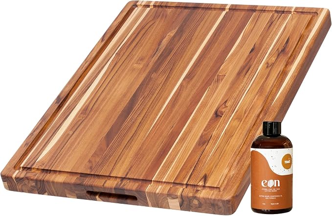 Teakhaus Carving Board and EON Cutting Board Oil Set - Extra Large (XL) Teak Wood Cutting Board with Juice Groove & Food-Grade Mineral Oil - 24”L x 18”W x 1.5” Thick - FSC Certified