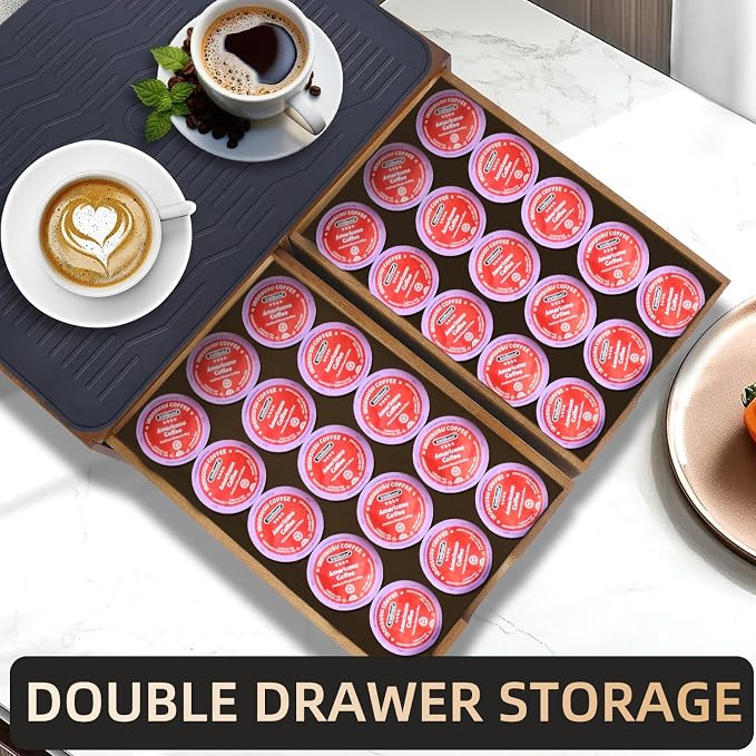 Wooden Coffee Pod Holder Drawer With Silicone Non-Slip Pad,K Cup Organizer Storage Box,Kcup Drawer and Tea Organizer Under Brewer,30 Pod Capacity,Countertop Coffee Station Organizer for Machine Stand