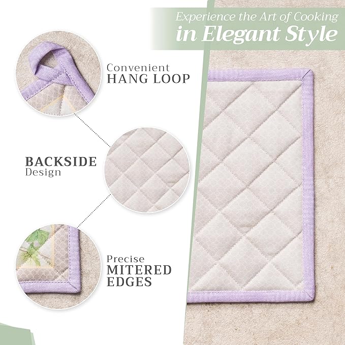 Maison d' Hermine 100% Cotton Oven Mitt & Pot Holder Set (7.5"x13" & 8"x8") Heat Resistant BBQ Cooking Gloves with Loop Grilling Kitchen Gifts for Mothers Day Spring/Summer (Magnolia Mornings)