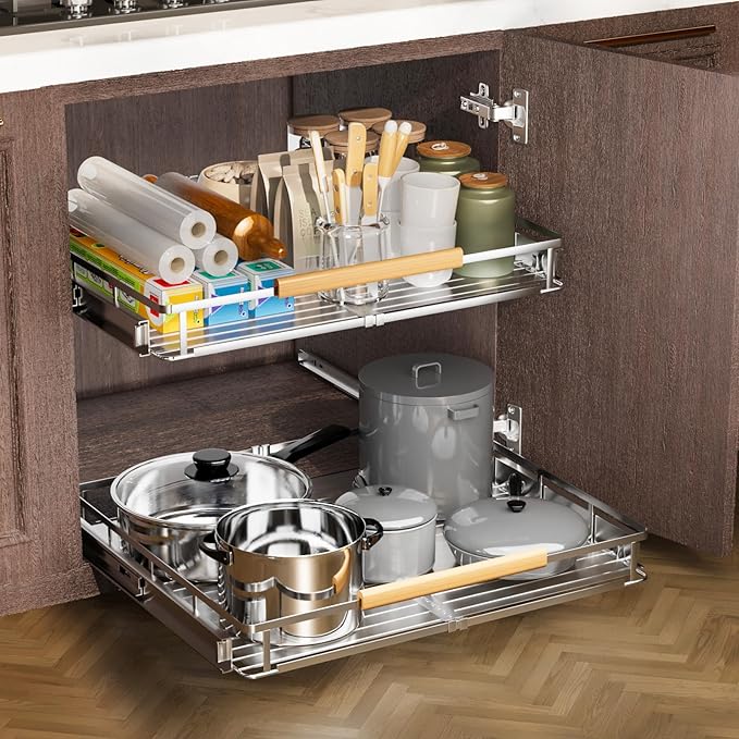 2 Pack Expandable Pull Out Cabinet Organizer，Side Mounting 23.2~39.99"x22.5"Cabinet Pull Out Shelves, Expandable Slide Out Spice Rack for Kitchen Bathroom Office