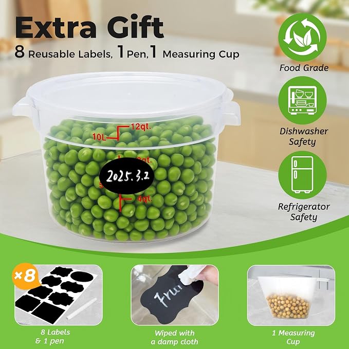 BIEAMA 4 Pack 12 Qt Round Food Storage Containers with Lids, Translucent PP | Include lids, labels, measuring cups and containers with capacity markings for food prep, pantry storage and dough proofing.