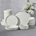 E-far 16-Piece Plates and Bowls Sets with Pasta Bowls - Stoneware Dinnerware Set for 4, Modern Ribbed Speckled White Dishes, Microwave & Dishwasher Safe