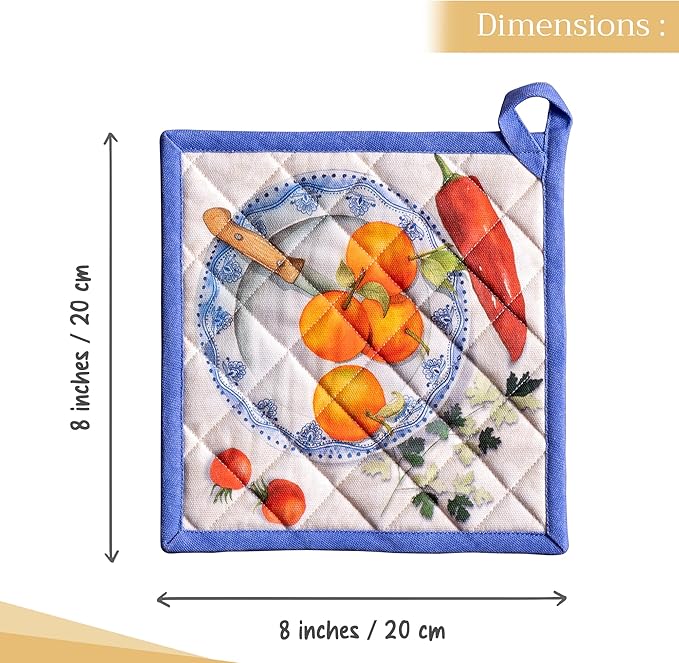Maison d' Hermine Pot Holders 100% Cotton Heat Resistant Potholders 8" x 8" Hot Pads with Loop BBQ Cooking Baking Gifts for Mothers Day Handling Hot Pans Spring/Summer (Pack of 1, Gourmand)