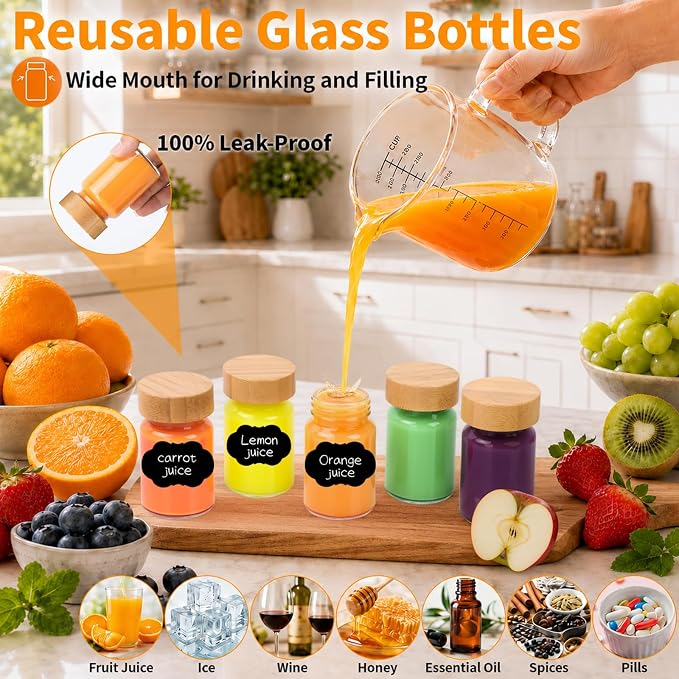 40 Pack 2 oz Glass Shot Bottles with Bamboo Lids and Labels | Clear borosilicate glass shows fresh drinks, with leak-resistant seal and wide mouth for juicing, fridge and travel