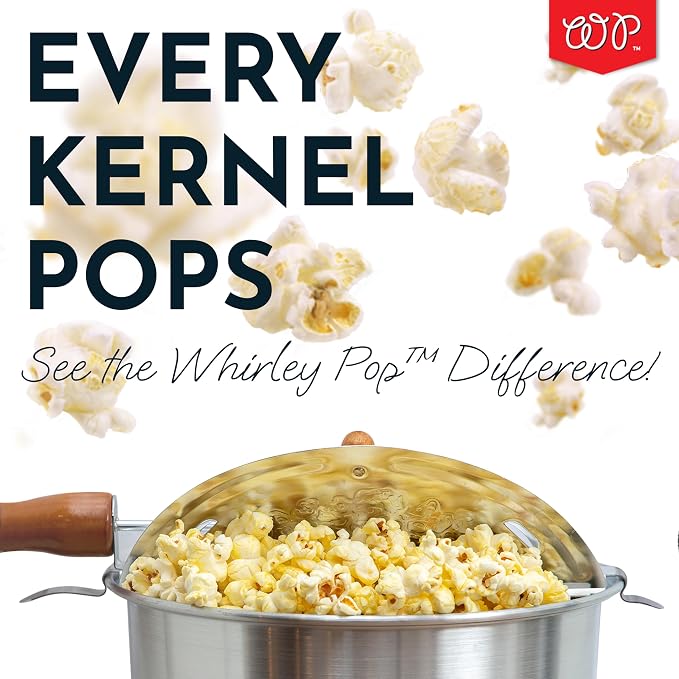 Original Whirley Pop Popcorn Maker - 6 Quart Stovetop Popcorn Popper With Four Popping Kits, Aluminum Popcorn Pot With Metal Gears, Wabash Valley Farms Stove Top Popcorn Maker, Popcorn Pan (Silver)
