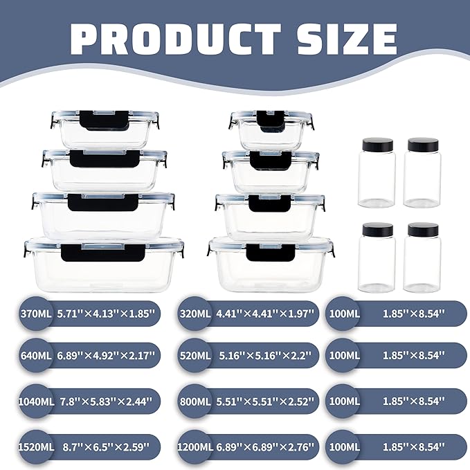 Glass Meal Prep Containers – 12-Piece Set with 8 Airtight Food Storage Boxes & 4 Leakproof Bottles for Sauces, Juices & Snacks – BPA-Free, Stackable, Microwave & Dishwasher Safe Meal Containers