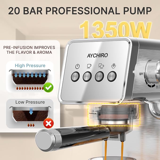 AYCHIRO 20-Bar Espresso Machine with Milk Frother, Professional Espresso Coffee Machine for Home, Stainless Steel Cappuccino Maker, Removable Water Tank & Drip Tray, Silver