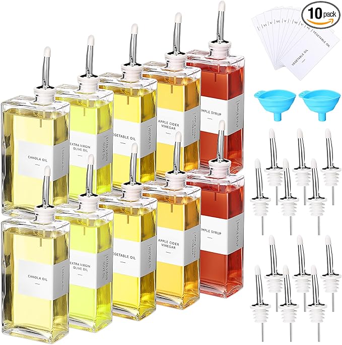 Reallnaive 10 Sets Olive Oil Dispenser Bottles for Kitchen with Nozzles Funnel Labels Cooking Oil Dispenser 500ml Set for Kitchen Vinegar Coffee Syrup (Silver)