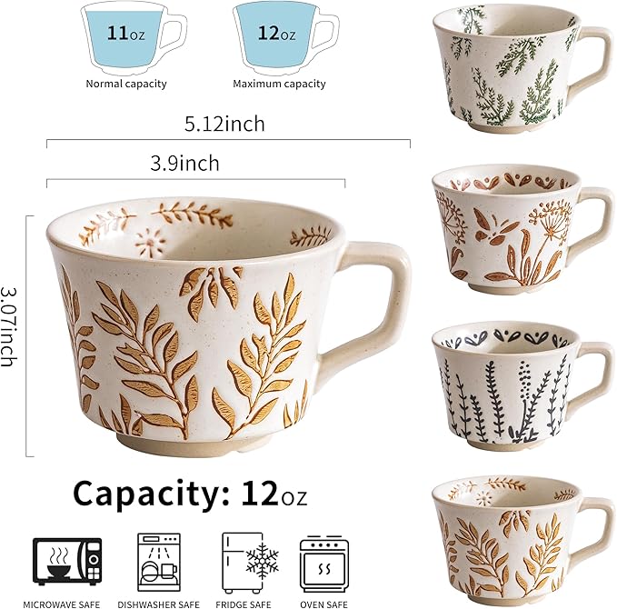 Ceramic Mugs 11oz and 2 Spoons, Coffee Cup Set of 2, 3D Carved Cup, Modern Coffee Mugs For Tea Latte Cappuccino Cocoa, Housewarming Wedding Gifts, Microwave Dishwasher Safe