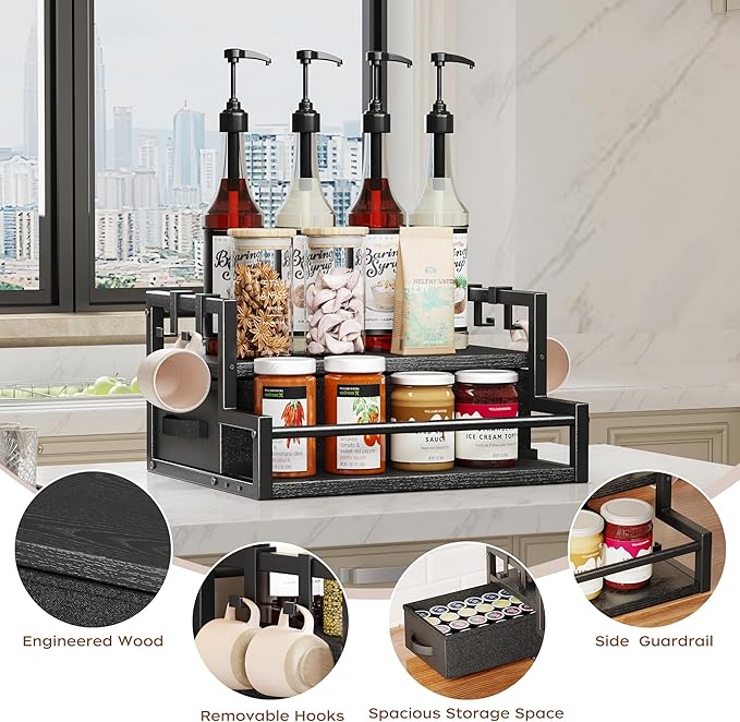 Homeiju Coffee Syrup Organizer Rack, 2-Tier Bottle Coffee Bar Accessories, Holder Stand with K Cup Storage Drawer for Coffee bar, Wine Rack, Storage Shelves for Syrup. (Black)