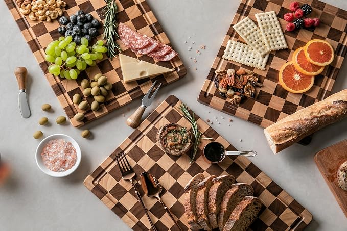 THETCHRY Cutting Boards for Kitchen, Checkered Cutting Board Upgraded, Acacia Wood Chopping Board with Juice Grooves & Handles, Large Butcher Block Serving Tray with Gift Box, 17"X12"X0.8"