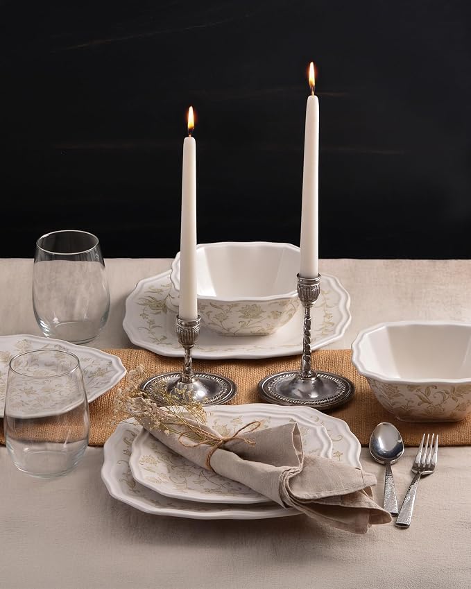 222 Fifth 12-Piece Porcelain Dinnerware Set for 4, Glossy Cream Plates and Bowls Set with Taupe Flowers, Elegant Square Ceramic Dish Set, Kitchen Tableware, Microwave & Dishwasher Safe, Batik Toile