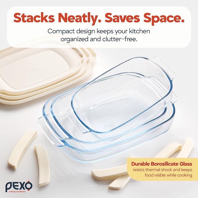 6-Piece Deep Glass Baking Dishes with Plastic Lids, Clear Glass Bakeware with Silicone Handles, (2.11QT, 3QT, 4.12QT) Casserole Dishes, Oven Dishwasher and Freezer safe, Rectangular Stackable Nesting Baking Dish set (White)