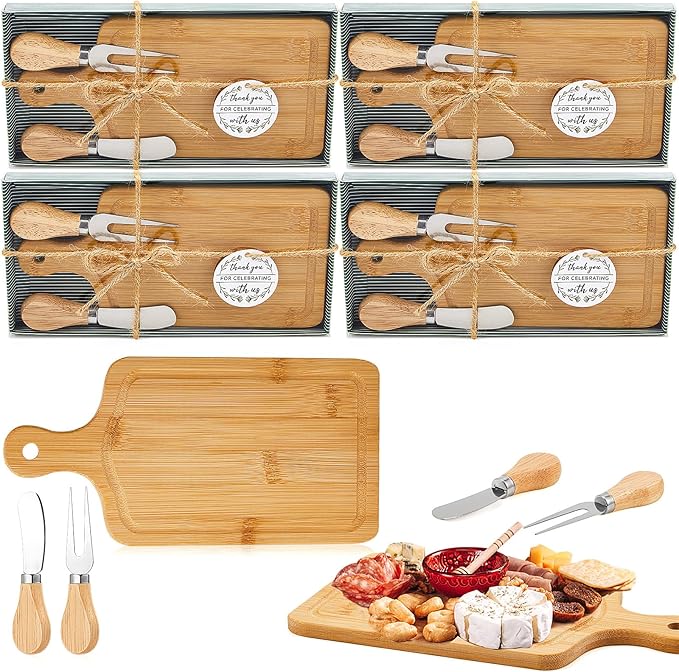Ziliny 4 Set Bridal Baby Shower Cheese Prizes Wooden Square Board Gift Set Knives Forks Thank You Tags with Box for Guests for Valentines Bridal Baby Shower Housewarming Gifts (Bamboo Color)
