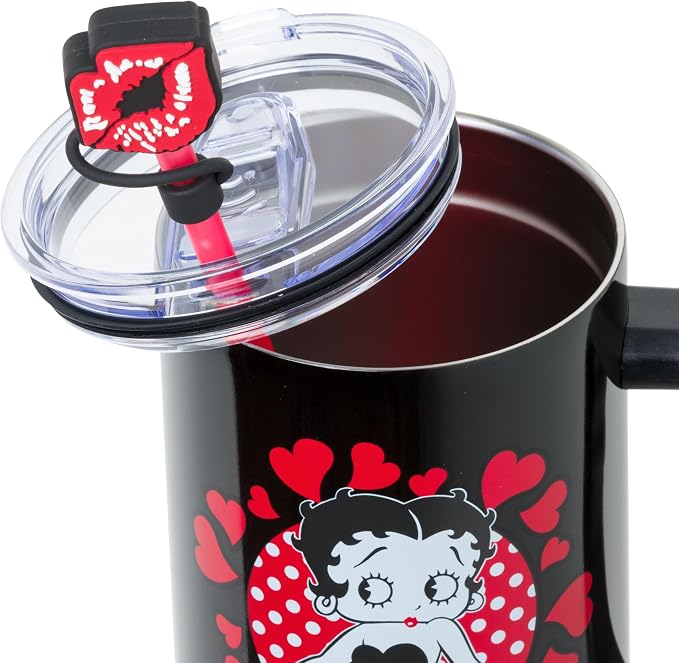 Silver Buffalo Betty Boop Core Cute Sitting Pose Hearts and Dots Stainless Steel Tumbler with Straw Cover Cap, Lid, Straw and Handle - 40 oz