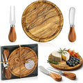 Maxcheck 1 Set Baby Shower Bridal Game Prizes for Winners Round Cheese Board Set Wood Mini Charcuterie Board with Knives and Forks Thank You Card with Gift Box for Guests Wedding (Olive Wood)