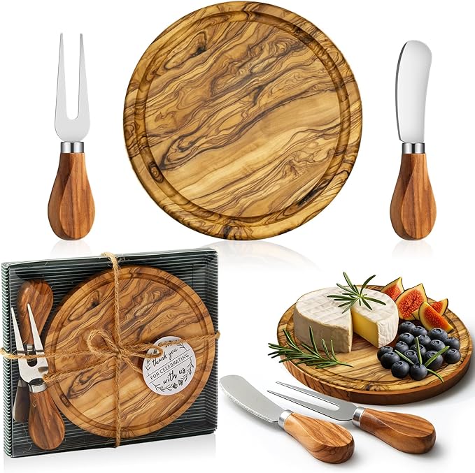 Maxcheck 1 Set Baby Shower Bridal Game Prizes for Winners Round Cheese Board Set Wood Mini Charcuterie Board with Knives and Forks Thank You Card with Gift Box for Guests Wedding (Olive Wood)
