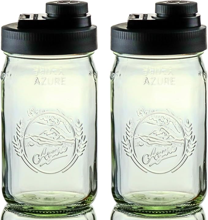 Brewing America Glass Mason Jar Pitcher with Lid - Azure Standard Jars, 1 Quart (32 oz) with Black Wide Mouth Pour Lid, for Smoothie, Boba Cup, Sun Tea, Cold Coffee Glass Tumbler, 2-Pack