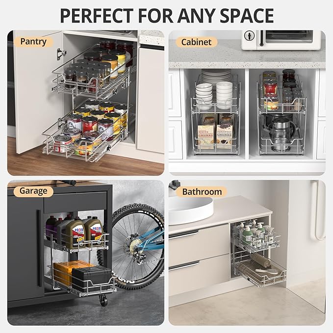 ZOINLIY Pull Out Cabinet Organizer, Versatile Slide Out Kitchen Organizers and Storage,Heavy Duty Drawer Cupboard Storage Basket, Smooth Sliding, Chrome Finish (2-Tiers-11¼''W×22“D)