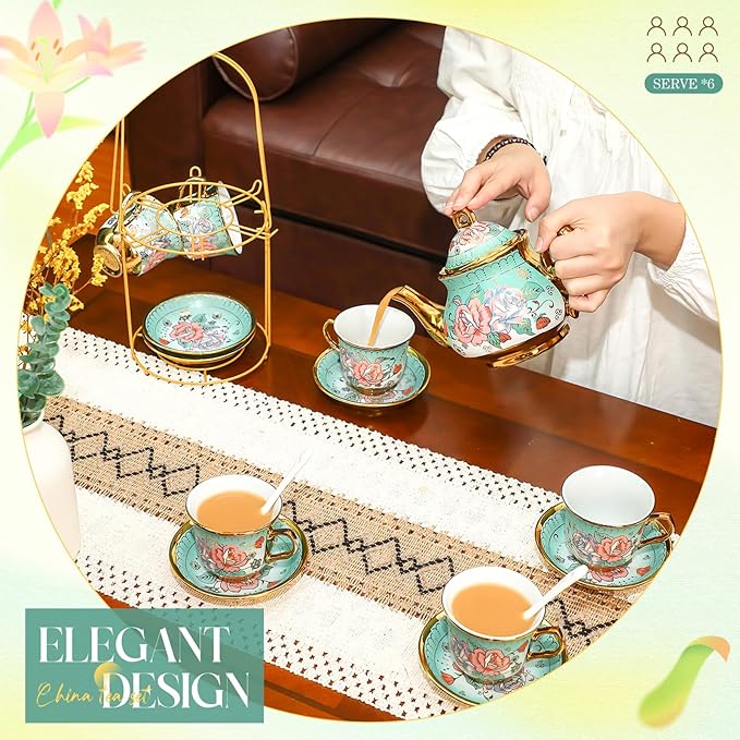 20 Pcs Porcelain Tea Set for Adults with Metal Holder and Spoon European Ceramic Tea Party Set Flower Painting Teapot Cup Saucer for Women Gift, Serving 6 People(Modern)