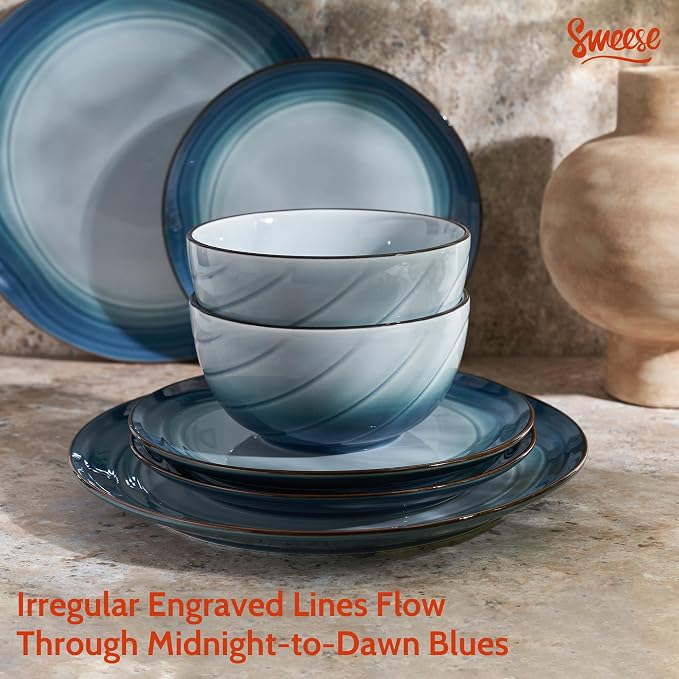 Sweese Porcelain Dinnerware Sets for 6, 18 Pieces Plates and Bowls Sets, Handcrafted Minimalist Dinner Set, Chip and Scratch Resistant Dish Set, Dishwasher & Microwave Safe, Ocean Blue
