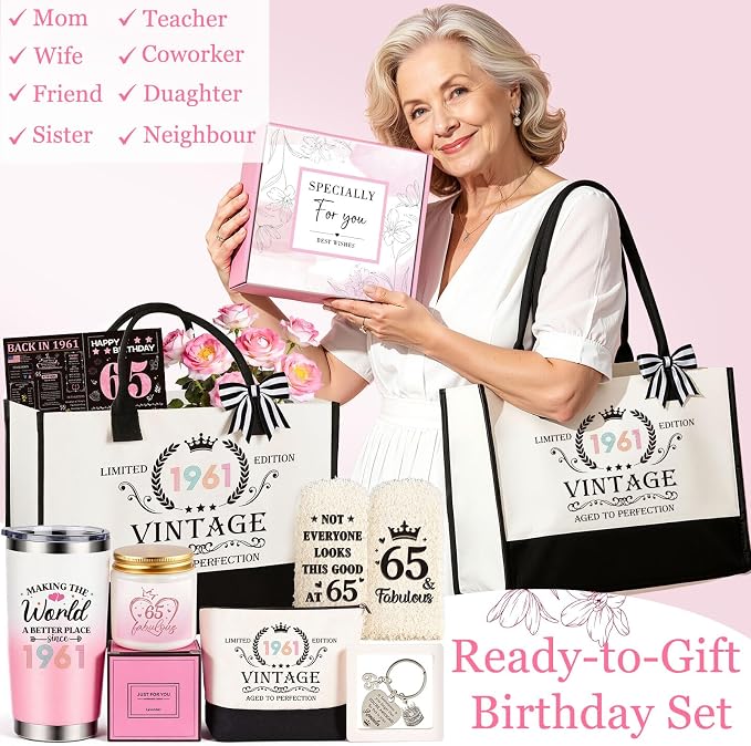65th Birthday Gifts for Women, Vintage 1961 Happy 65th Birthday Gifts Basket for Women Unique Gift Ideas for 65 Year Old Female, Mom, Wife, Grandma, Thoughtful Birthday Gift Turning 65 Year Old