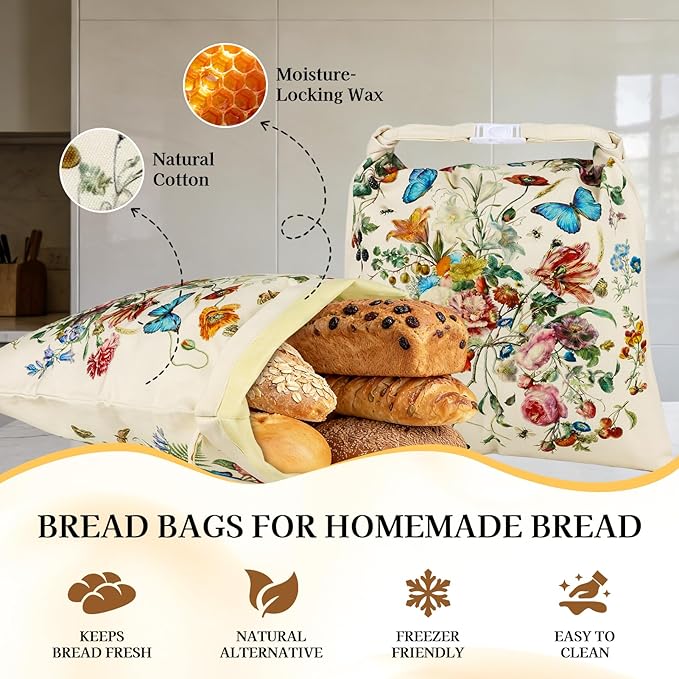 Sourdough Baking Set - 2 XL Beeswax Bread Bags for Homemade Bread (17×13 in) with Botanical Print & 1 Foldable Silicone Funnel Stand Mixer Attachment for 4.5-5 Quart Tilt-Head Mixers