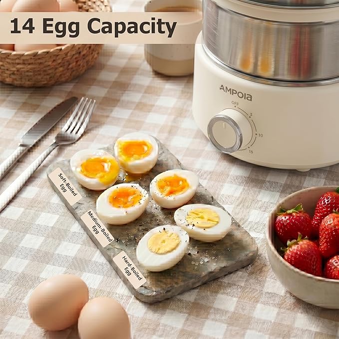 14 Eggs Electric Egg Cooker, 350W Rapid Egg Boiler with 30-Min Timer & Auto Shut-Off, Beige & White