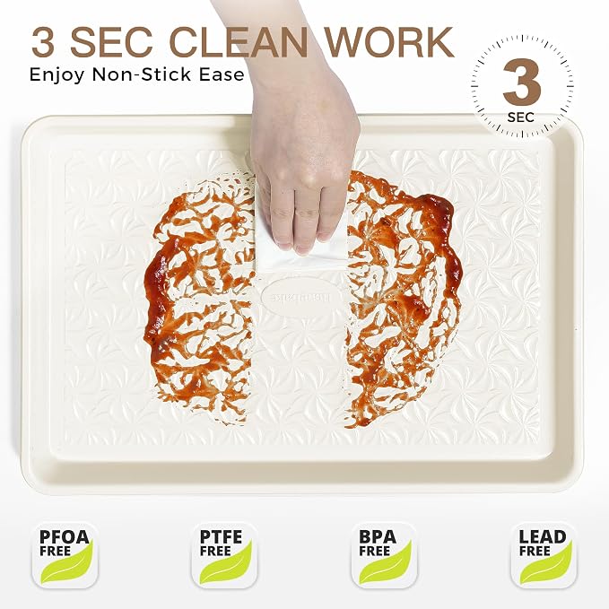 HONGBAKE Ceramic Coated Baking Sheet Pan Set of 3 with Floral Texture | Nonstick Aluminized Steel Cookie Sheets, Half, Quarter and Jelly Roll Pans, Shallow Oven Trays, 0.8mm Thick