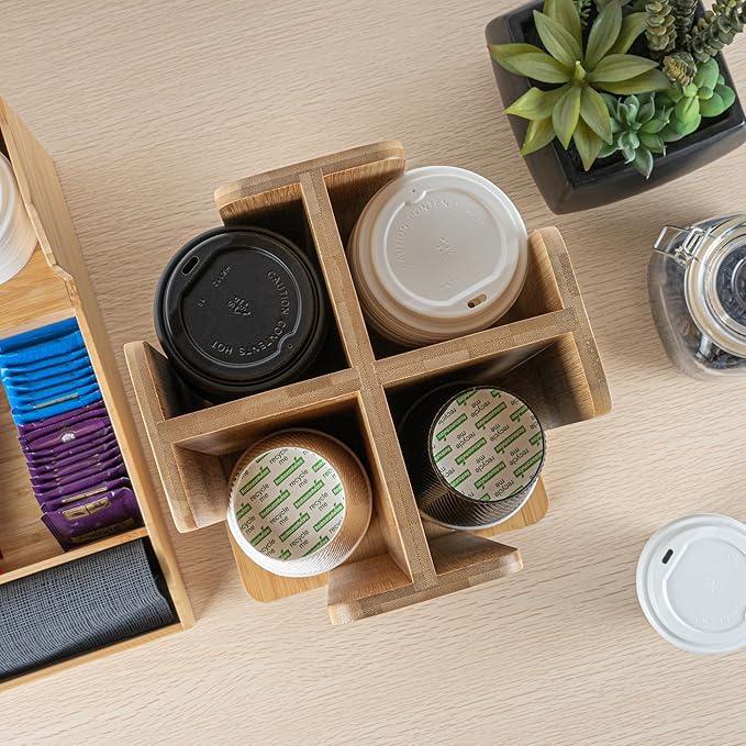 Restaurantware Restpresso 9 x 18 Inch Coffee Cup and Lid Organizer 1 Revolving Cup and Lid Holder - 4 Section Countertop Natural Bamboo Cup and Lid Dispenser For Restaurants Homes or Offices