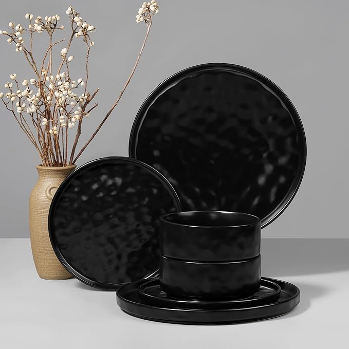 HaWare Dinnerware Sets, 6-Piece Plates and Bowls Set, Stoneware Dish Set for 2, Ceramic Dinnerware for Home Restaurant, Chip and Scratch Resistant, Microwave and Dishwasher Safe, Matte Black